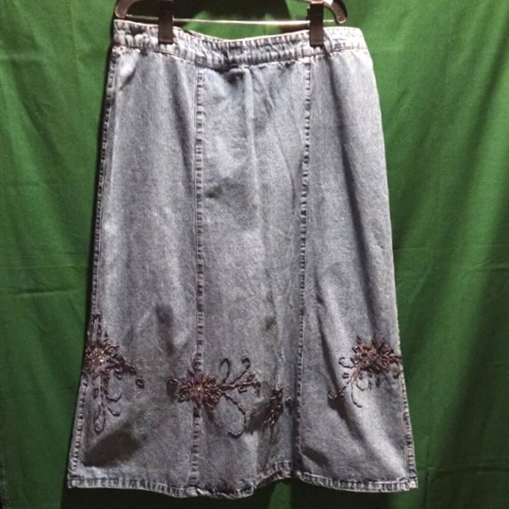 Christopher & Banks Blue Denim Skirt with Purple Embroidery